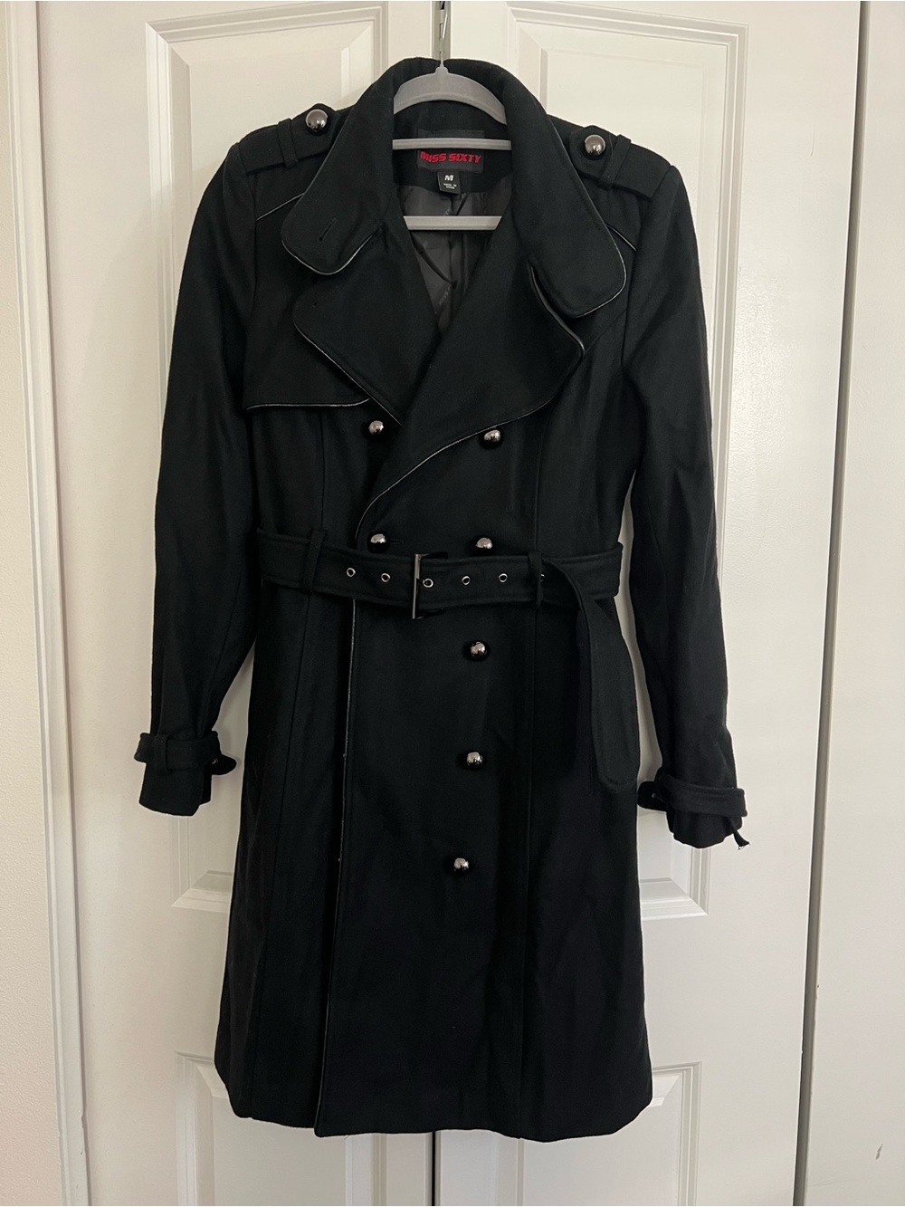 Miss Sixty Black Trench Coat - Classic Double-Breasted Belted Jacket